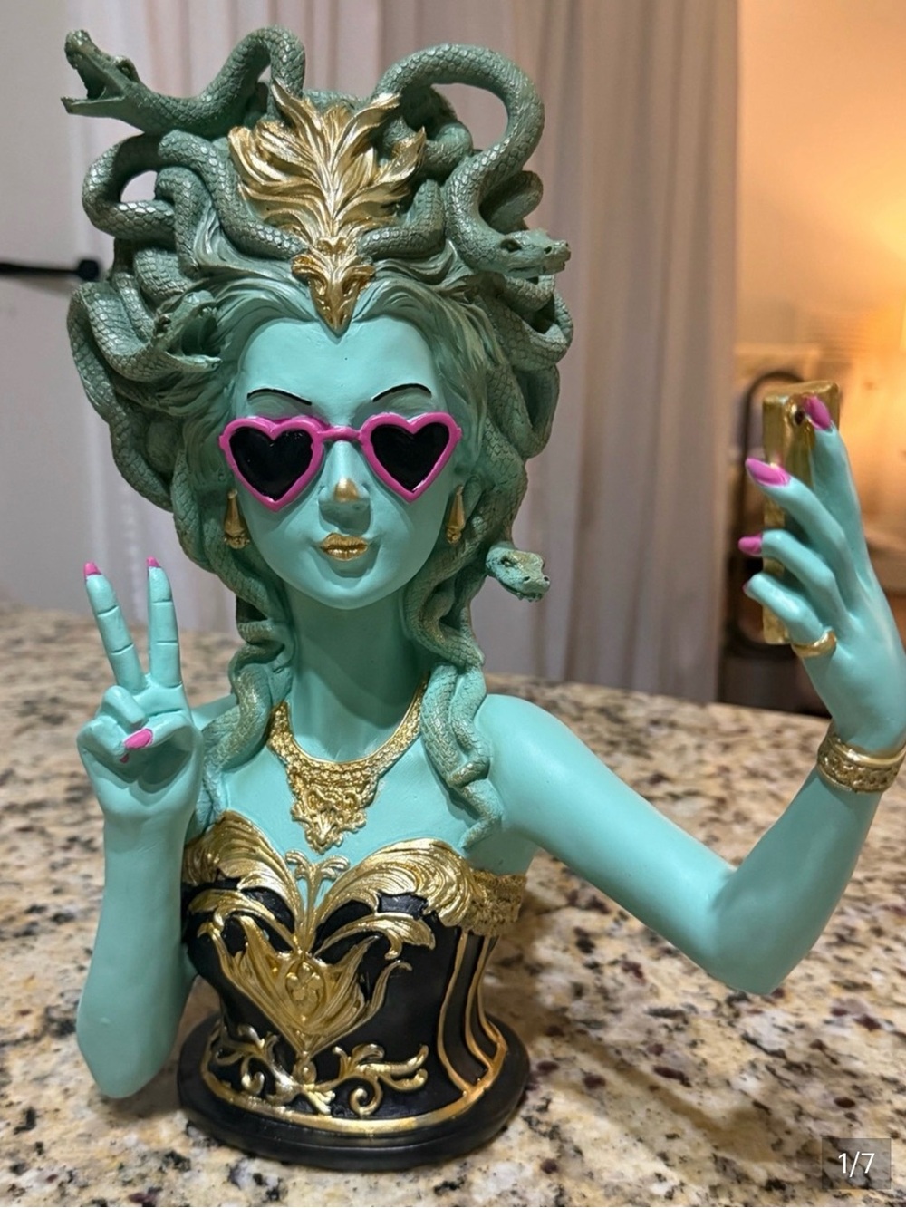 Goulish Teal Medusa Selfie Bust Accent Statue w Gold Detailing -Viral Piece!!!!